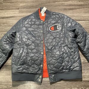 Champion Jacket Mens XL Orange Gray Reversible Quilted Snap Button Bomber C